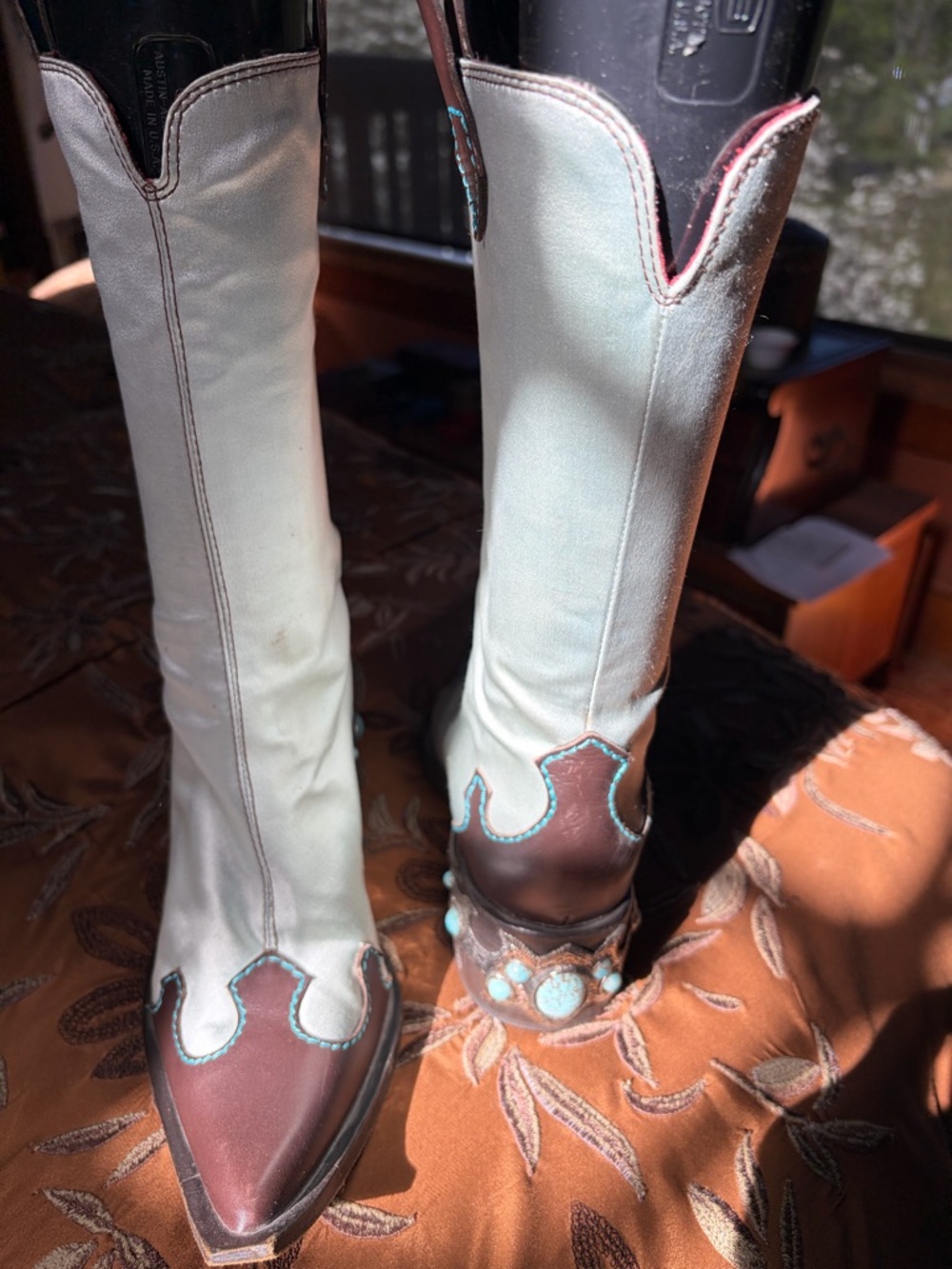 Two-Tone Western-Style Knee Boots - Light blue satin and Brown leather trim